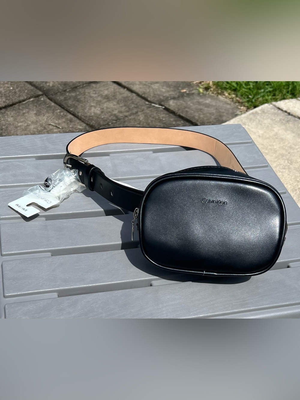 NWT: Calvin Klein Black Faux Leather Belt Bag/Fanny Pack W/Tan Strap! Size S/M.
